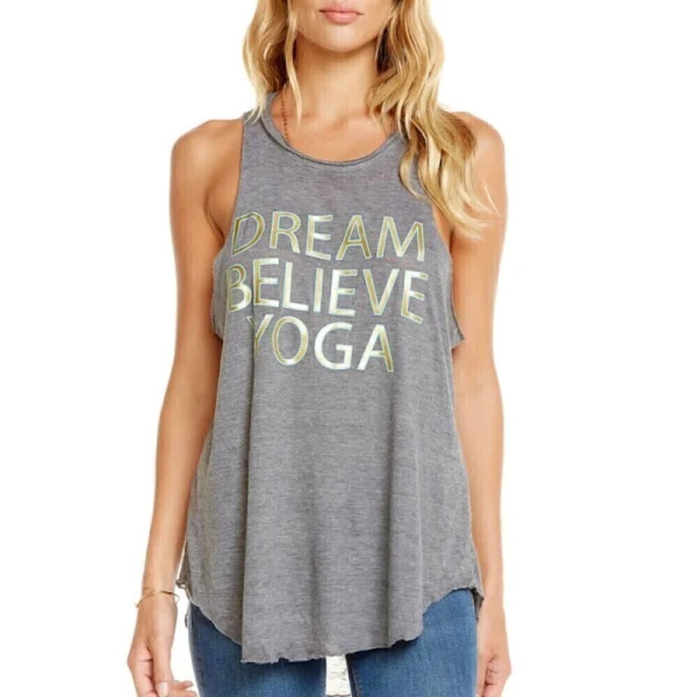 NWT CHASER Dream Believe Yoga Gray Gold Metallic Raw Hem Tank Top Size Medium